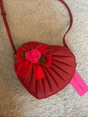 Betsey Johnson Red Heart Crossbody with Pink Rose Accent